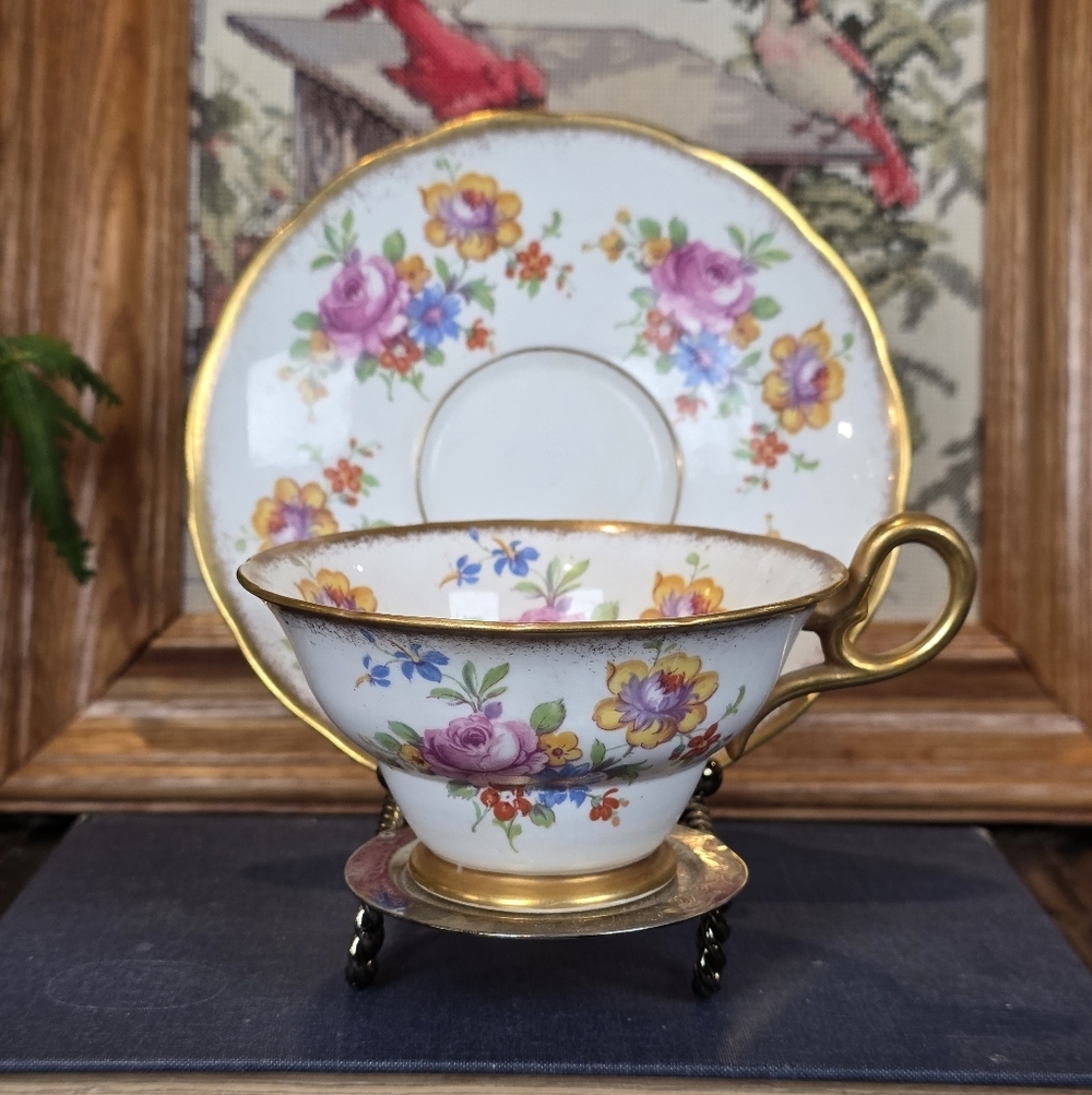 Vintage Trentona Bone China Teacup & Saucer Floral Spray Gold Gilt Made England